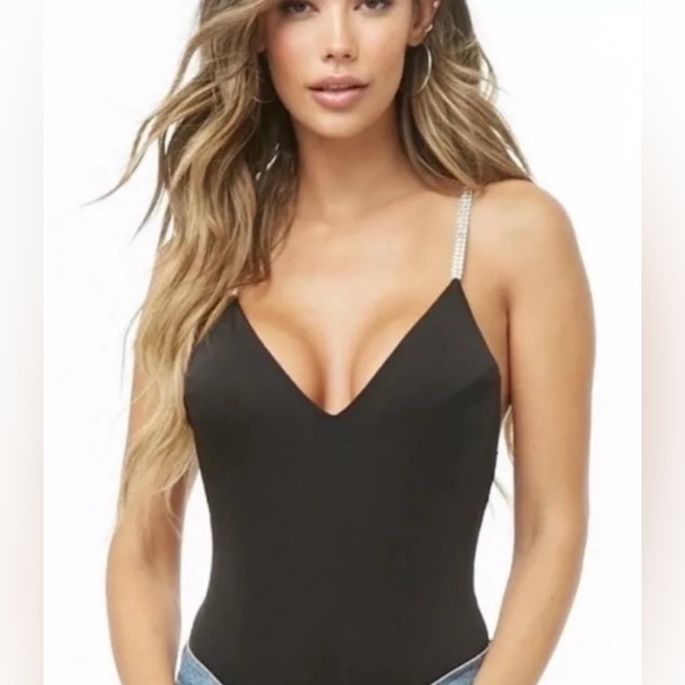 Forever 21 Black Satin Stretch Rhinestone Strap V-Neck Bodysuit